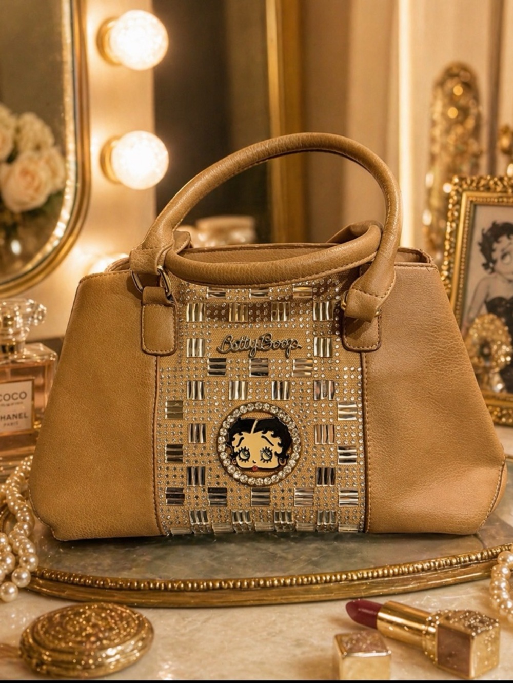 Betty Boop Tan faux leather Satchel with Rhinestone Logo Accent